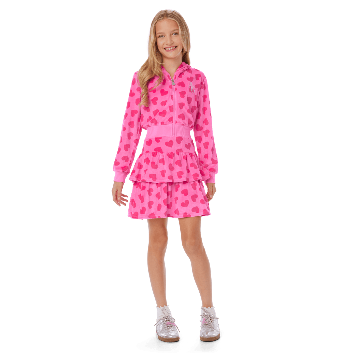 Pink Hearts Hoodie Dress for Girls O7