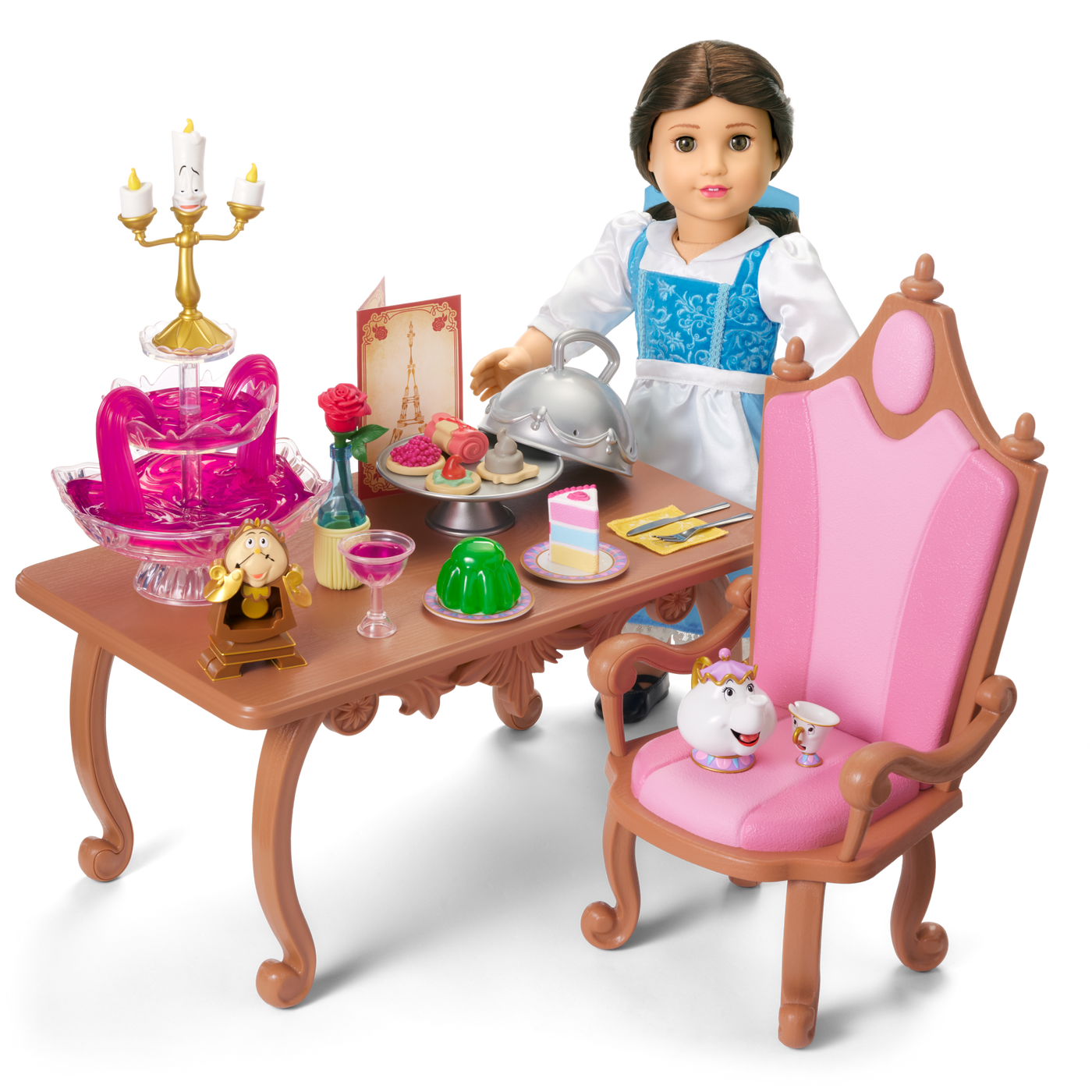 Disney Princess Belle Enchanted Castle Dining Set, Blue Dress & Friends Bundle for 18-inch Dolls I6