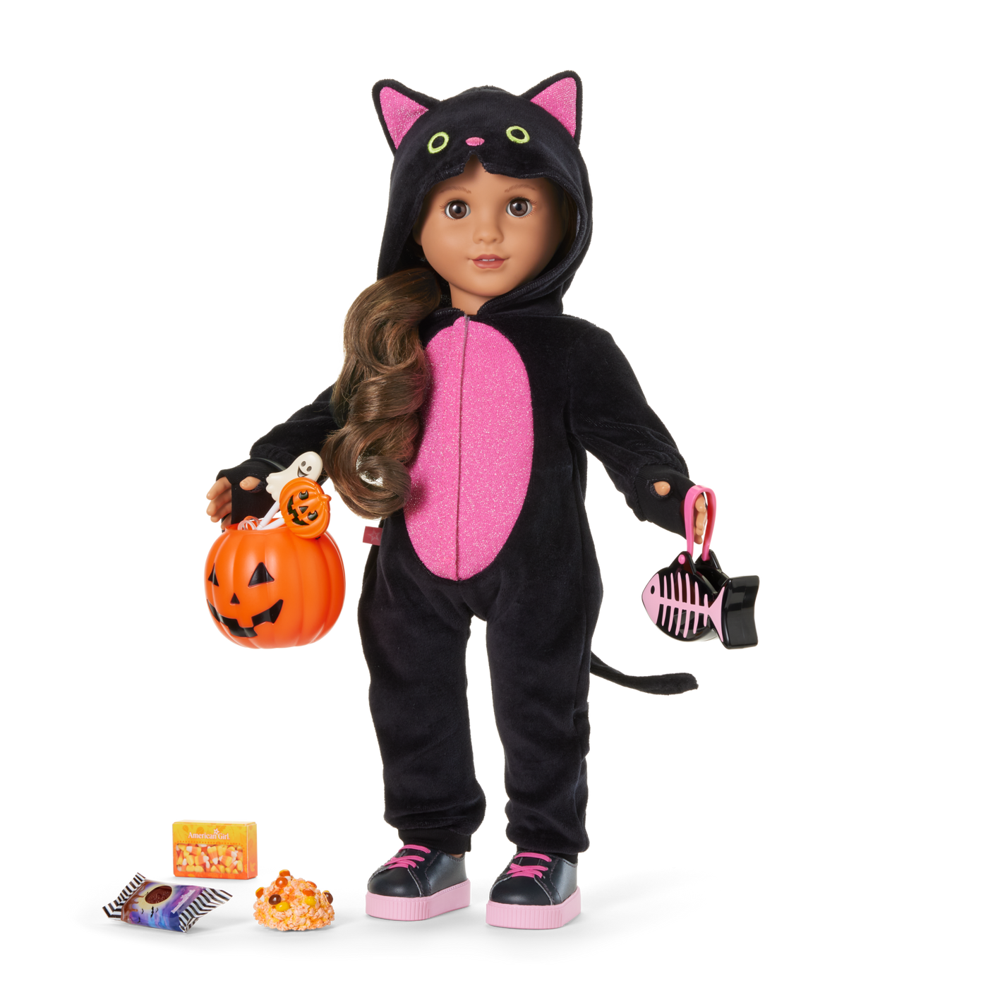 Claws & Cuddles Cat Costume & Trick-or-Treat Set Bundle for 18-inch Dolls G0