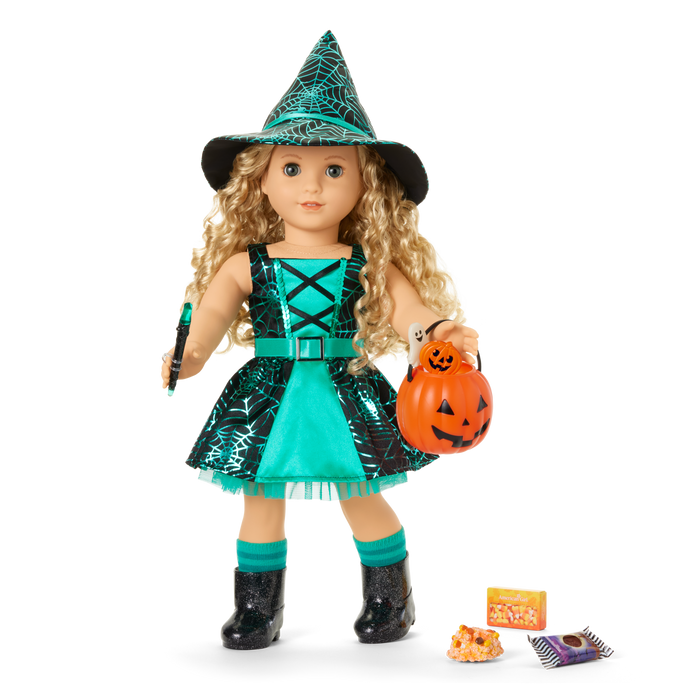 Witchy Webs Costume & Trick-or-Treat Set Bundle for 18-inch Dolls F0